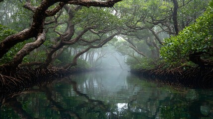 Fototapeta premium Mangrove root networks form dense twisted arches over dark reflective water in misty dawn.