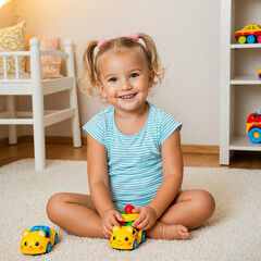 Smiling child playing with toys in cozy bedroom
