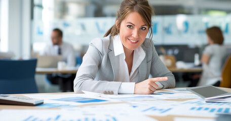 Businesswoman in gray suit points at documents on table in modern office environment with colleagues working in the background