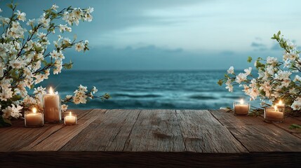 Obraz premium A wooden tabletop set for product display, surrounded by tropical white flowers and glowing candles at night, with the sea and sky softly visible in the background 