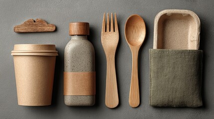 Various eco-friendly kitchen items arranged on a wooden table with plants in simple pots and natural materials showcased in a well-lit environment