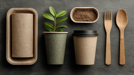 Various eco-friendly kitchen items arranged on a wooden table with plants in simple pots and natural materials showcased in a well-lit environment