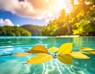 Serene Tropical Lagoon with Yellow Leaves and Gentle Light