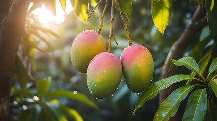 Mangoes on the Tree image, bathed in warm sunlight with leafy foliage