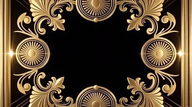 Infinite seamless loop of a Gatsby Art Deco&ndash;style animated frame tunnel inspired by the 1920s, with elegant gold ornaments building up and emerging on a black background. Glamorous, modern vintage tem