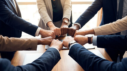 Cropped of a business teams hands clasped together in a fist bump, showcasing their camaraderie and unity. The image captures the essence of teamwork 