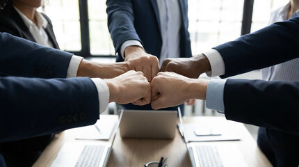 Cropped of a business teams hands clasped together in a fist bump, showcasing their camaraderie and unity. The image captures the essence of teamwork 