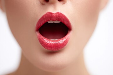 Obraz premium Vivid image showing a person's mouth slightly open in a clear setting with bright lighting