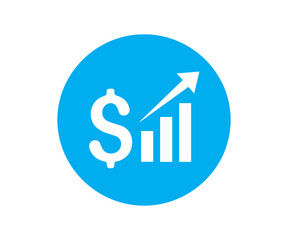 Blue circular graphic showing a rising bar chart and dollar sign clearly indicates successful financial growth or investment returns.