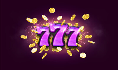 Shining sign lucky sevens with golden coins on a bright background. Mega slots casino banner. Vector illustration.