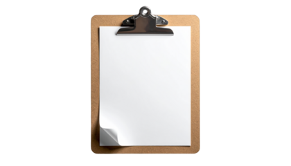 Clipboard with blank paper and wooden frame viewed from the front, ready for writing or note-taking, office supply, stationery, J (926).png reference