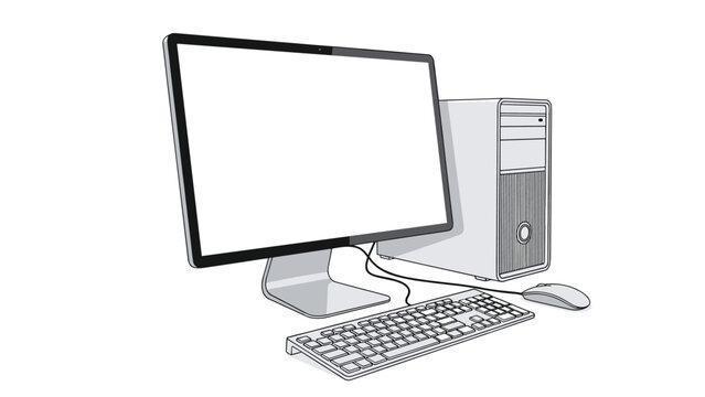 Modern desktop computer workstation features a high resolution flat screen monitor with a vertical system unit and mouse.