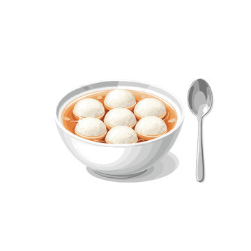 A white bowl filled with traditional Indian sweet Rasgulla in sugar syrup, served with a silver spoon.