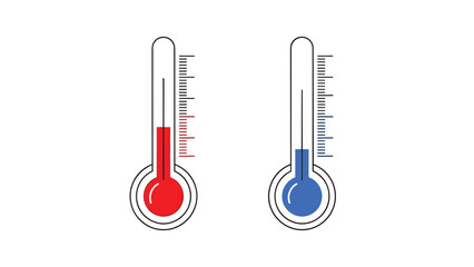 Pair of traditional glass thermometers display temperature readings with one showing hot red and the other cold blue.