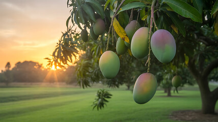 Mangoes on the Tree image, bathed in warm sunlight with leafy foliage. A scenic outdoor view.