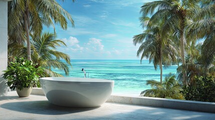 A bathtub placed before a tropical beach scene with palm trees, evoking a calm vacation atmosphere ideal for relaxation, luxury, and peaceful escape
