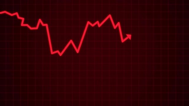 Red falling line chart animation with negative market value and glitch loss indicator. Represents financial crash, trading loss, and stock decline