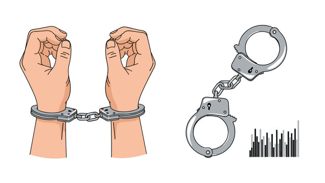Pair of steel handcuffs are shown alongside a person whose hands are bound to illustrate law enforcement and arrest.