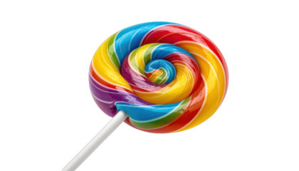 Colorful lollipop with swirled candy on a stick, viewed from directly above, showcasing vibrant colors and sweet treat