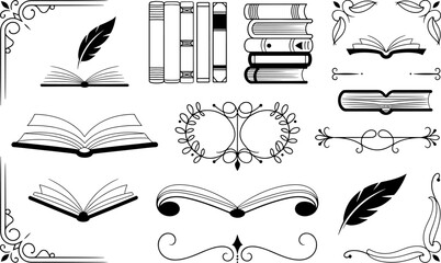 Book day symbols and illustrations with books and feathers