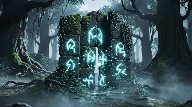 Mysterious Ancient Stone Structure with Glowing Runes in a Dark Forest.