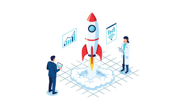 Powerful rocket ship launches into the sky as scientists monitor mission data on digital screens from the ground base.
