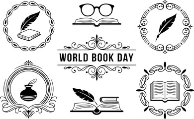 World book day icons with books feathers and glasses on white