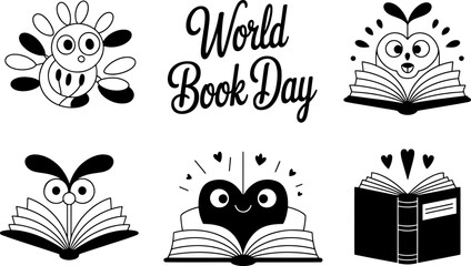 World book day cartoon illustrations with animals and books