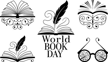 World book day icons with glasses and open books