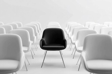 Obraz premium Focus on one black chair set among many white chairs in a bright room