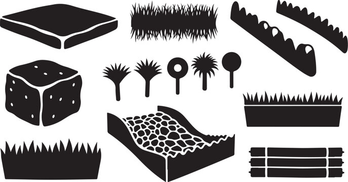 Black and white landscape design elements and icons set