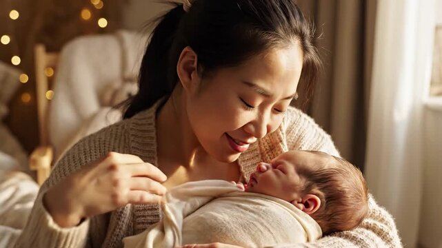 A young mother, her face serene as she cradles her sleeping baby. Soft natural light streams in from the window, creating a warm and comfortable bedroom.
