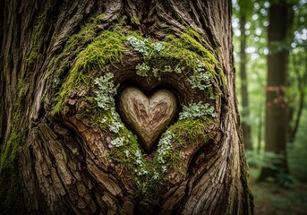 Close Up Of Heart Carved Into An Old Tree Trunk In A Forest