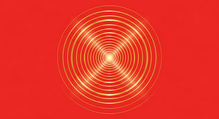 Abstract golden concentric circles on a vibrant red background, radiating light for a futuristic or technological concept.