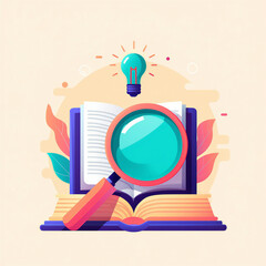 Open book with magnifying glass and glowing light bulb concept symbolizing knowledge discovery and bright ideas transparent background