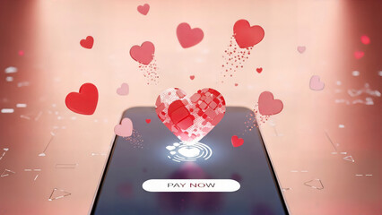 Smartphone displaying a fragmented heart with 'Pay Now' button and digital background