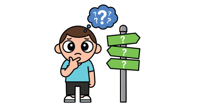 A cartoon boy with a puzzled expression stands beside a signpost with question marks on the signs, conveying confusion and indecision in a simple, flat illustration style with a clean white