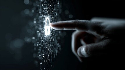 Hand is pointing at a keypad with a padlock on it. Concept of security and protection