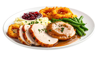 A complete classic turkey dinner with tender roasted slices, rich gravy, mashed potatoes, cranberry sauce, crispy onion rings, and green beans. A satisfying, comforting meal served on a white plate