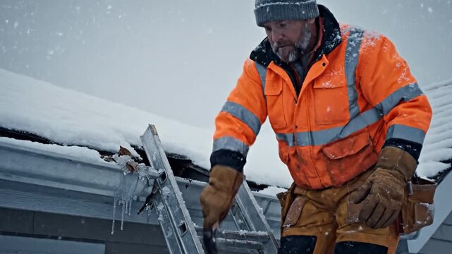 Medium shot of a worker on a ladder clearing a roof drainage system during a light snowfall, cinematic atmosphere, cold winter tones, emphasis on