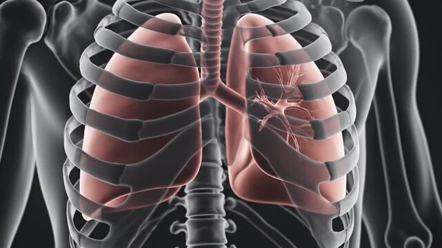 Detailed 3D rendering of human lungs and rib cage anatomy