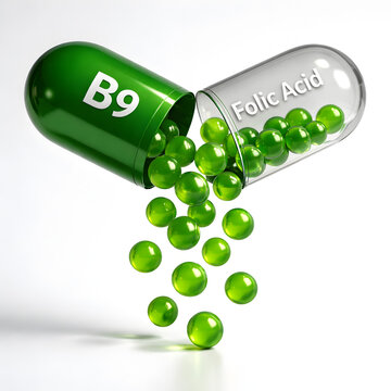 Folic Acid (Vitamin B9) Transparent Capsule Releasing Green Microbeads &mdash; Supplement Concept with Isolated White Background for Health and Nutrition
