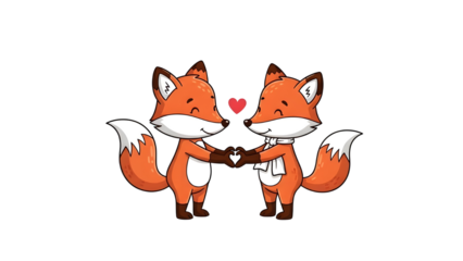 Adorable cartoon fox couple holding hands with heart symbol representing love and relationship isolated PNG with Transparent Background