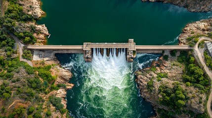 An aerial perspective of a hydroelectric dam on a river, showing water flowing from the reservoir, highlighting the scale, engineering, and power generation of the facility
