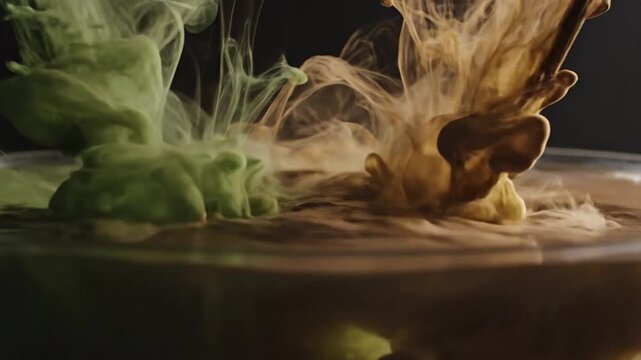 Colorful Ink Droplets Exploding Underwater, Green and Brown Swirls Dissolving in Water
