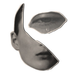Halftone Collage of crying Eye, Ear, and Mouth , Surreal Composition Exploring Perception and Communication