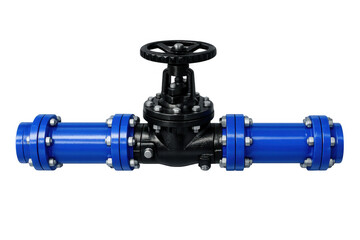 Industrial pipe system with a blue pipeline and hand wheel valve on transparent background