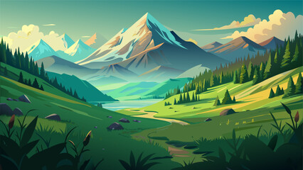 A vast, sunlit mountain valley features snow-capped peaks, lush green forests, and a winding stream leading toward distant water.