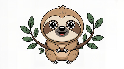 Fototapeta premium Relaxed Cartoon Sloth Illustration Cuddling a Tree Branch with a Gentle Smile, a Peaceful Tropical Animal Character for Kids' Nature Themes