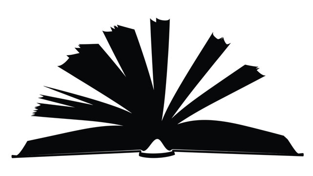 An open book with pages spread showcasing a dark silhouette
